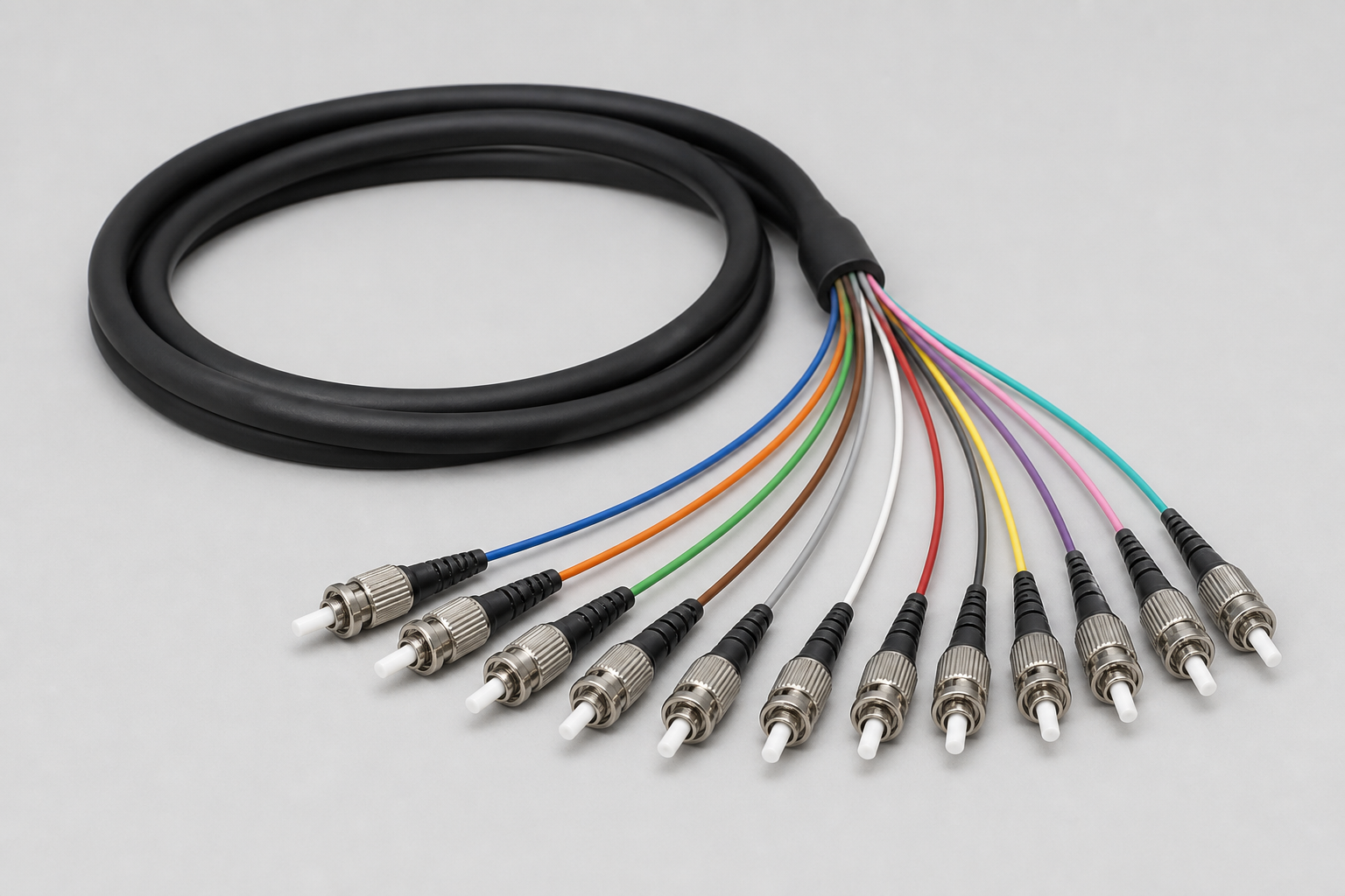 Engineering illustration of a twelve-channel custom fiber optic bundle with color-coded connectorized fan-out