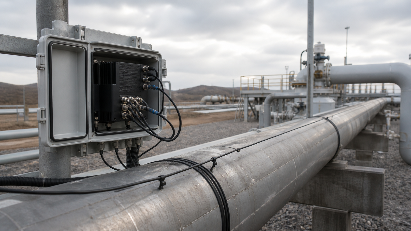 Distributed fiber optic temperature sensing installed on an industrial pipeline