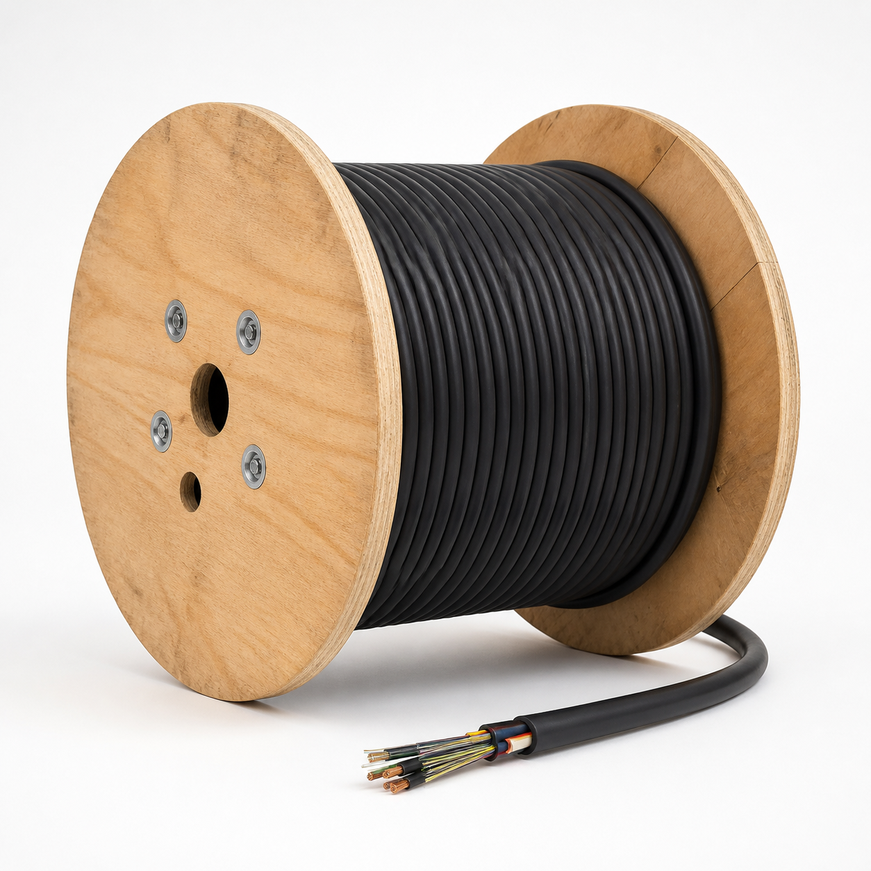 Hybrid fiber optic and electrical power cable on a wooden industrial reel