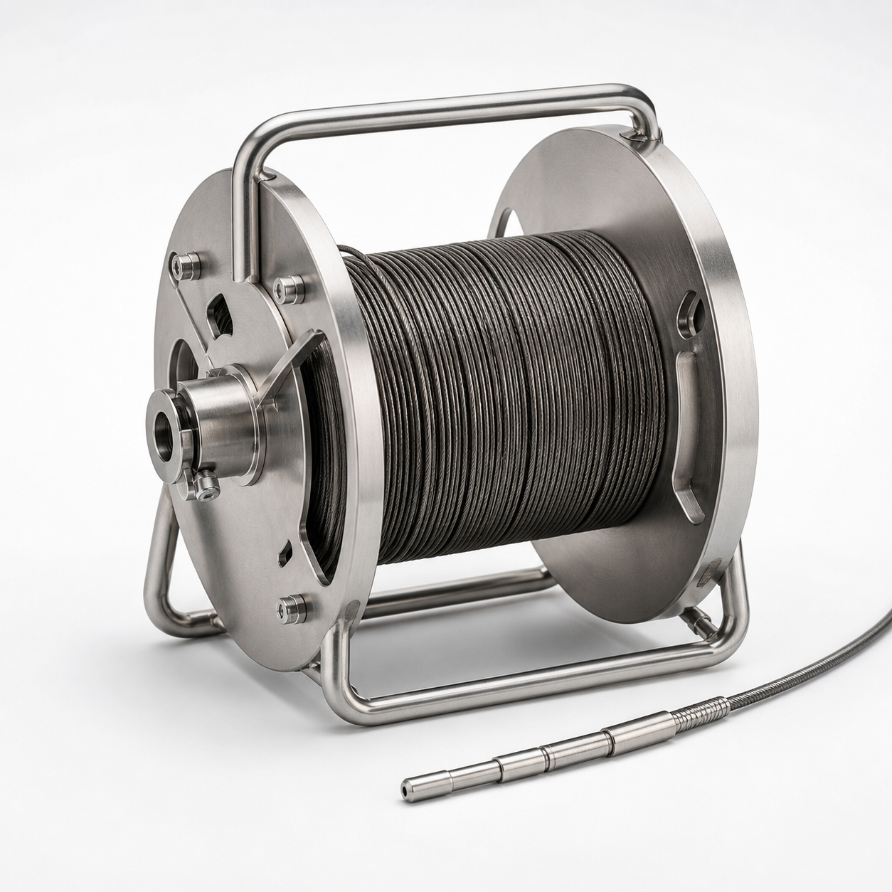 High-temperature oil well fiber optic sensing cable on a stainless-steel reel