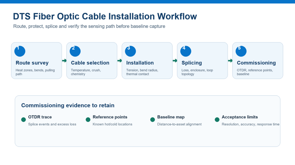 DTS fiber optic cable installation workflow from route survey through splicing and commissioning
