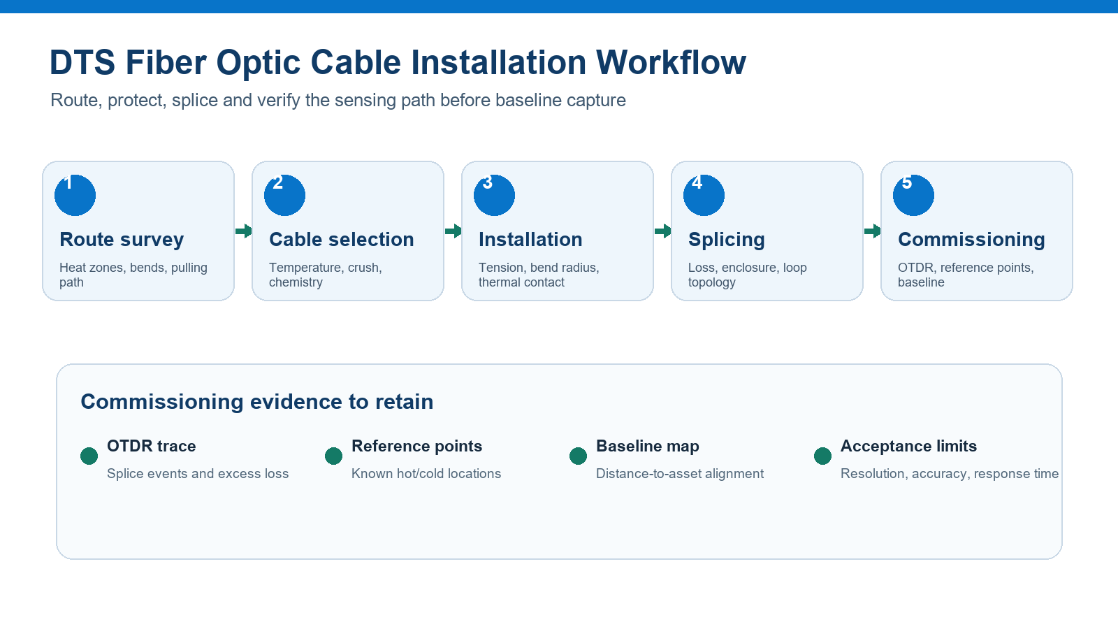 DTS fiber optic cable installation workflow from route survey to commissioning