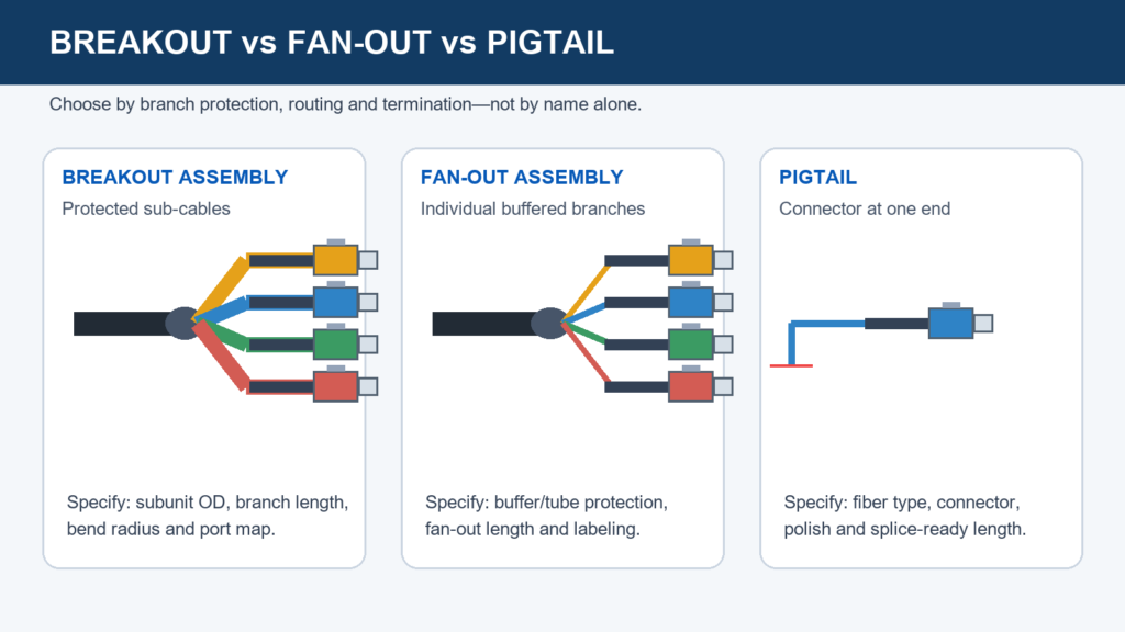 Fiber optic breakout, fan-out and pigtail assembly structure comparison