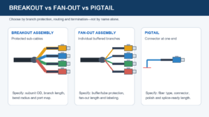 Fiber optic breakout, fan-out and pigtail assembly structure comparison