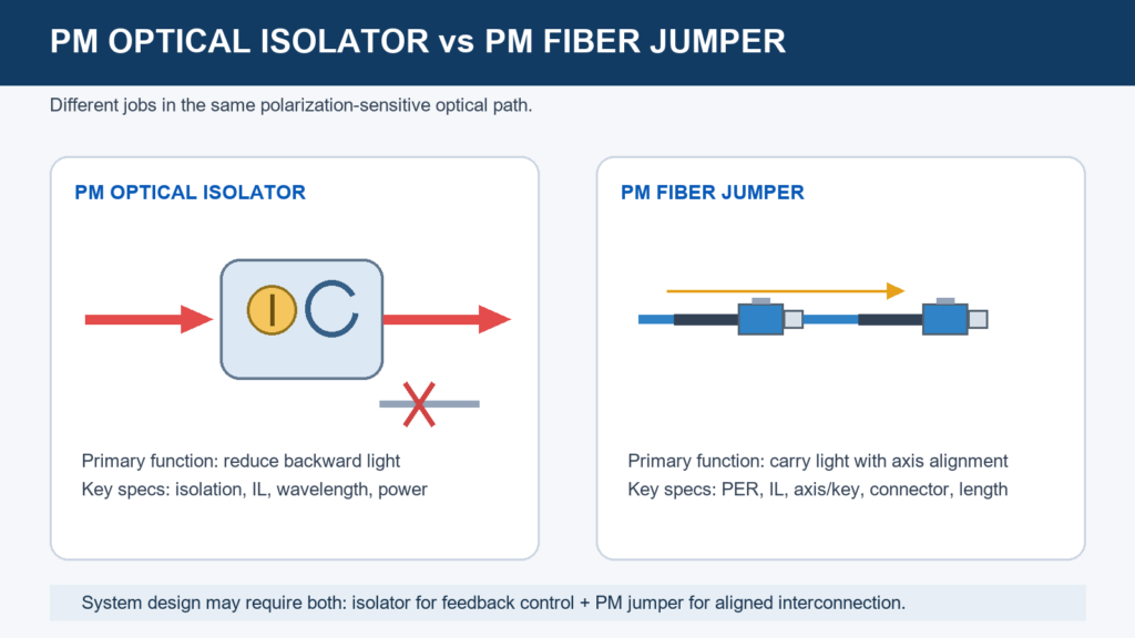 PM optical isolator and PM fiber jumper function and selection comparison